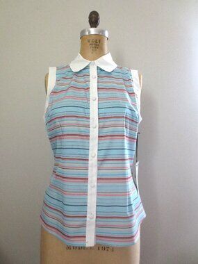 Unique Vintage Button Front  Blue Stripes Sleeveless Top